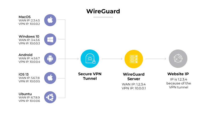 Protocollo WireGuard che mostra vari dispositivi collegati attraverso un tunnel VPN sicuro a un server WireGuard e poi a un indirizzo IP di un sito web. Protocollo WireGuard che mostra vari dispositivi collegati attraverso un tunnel VPN sicuro a un server WireGuard e poi a un indirizzo IP di un sito web.