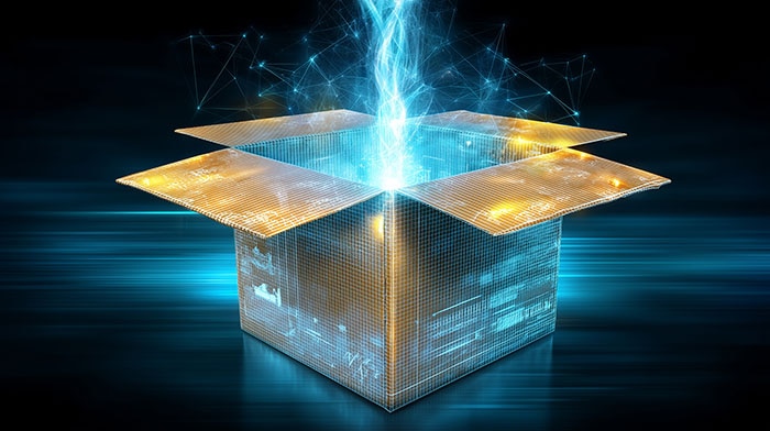 Apertura di una confezione regalo con fasci di luce intensa che illuminano il contenuto del pacco con AI generativa